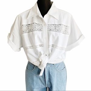 Vintage white lace cutout button down blouse